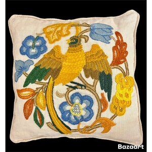 VTG Crewel Embroidery Folk Art Jacobean Bird Pillow On 100% Belgian Linen RARE